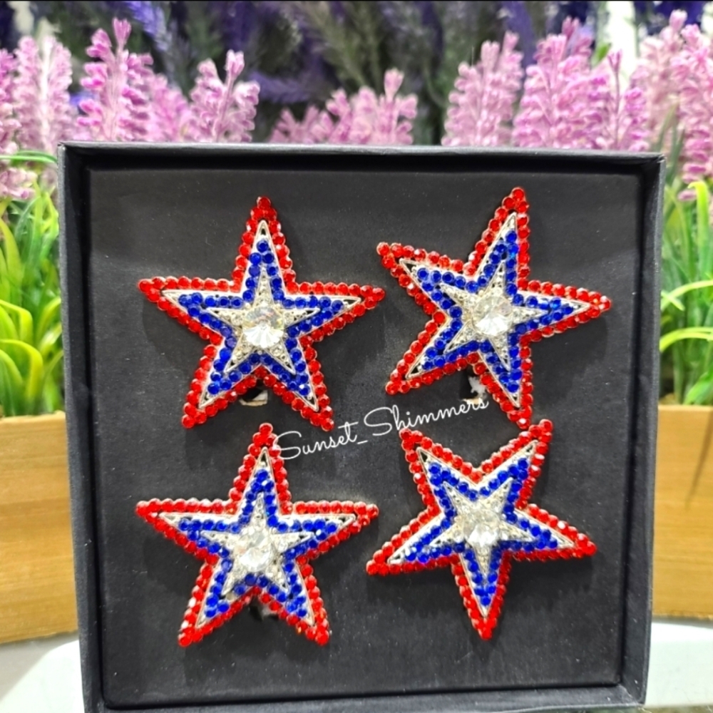 x4 4th Of July Patriotic Stars Jeweled Americana Rhinestone Napkin Rings NEW